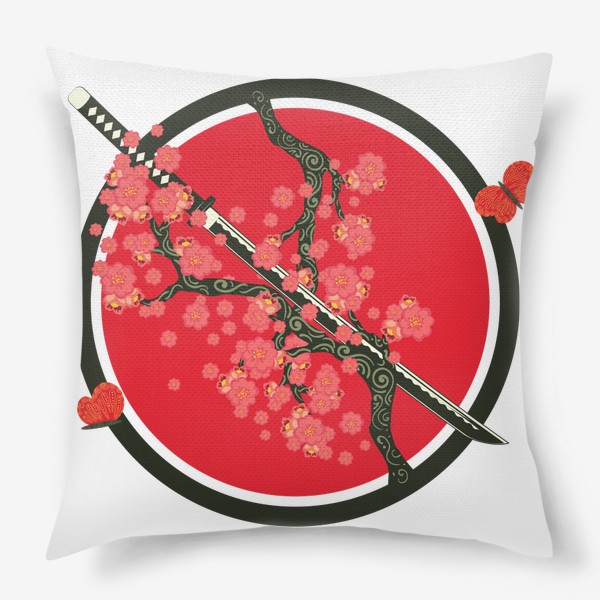 Подушка &laquo;Японский меч катана и красные цветы на ветках&raquo;