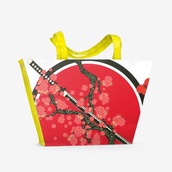 Пляжная сумка &laquo;Японский меч катана и красные цветы на ветках&raquo;