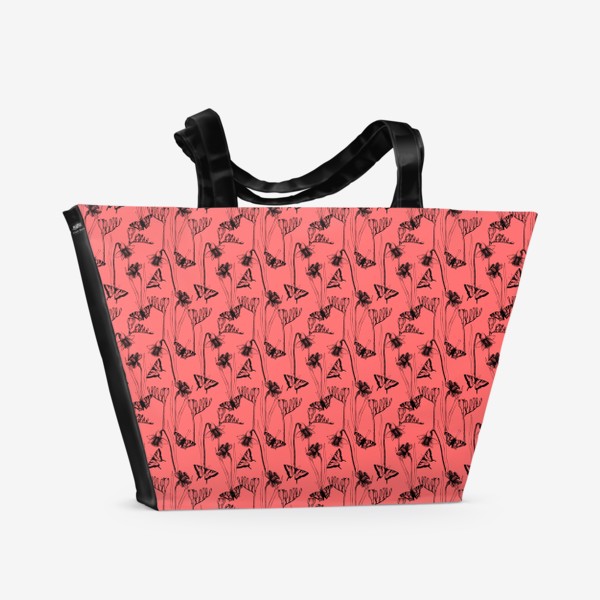 Пляжная сумка «Нарциссы и бабочки на розовом фоне»