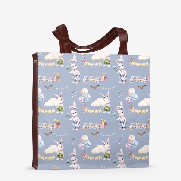 Сумка-шоппер «Заяц с паровозиком и воздушными шарами. Детский принт зайчик»