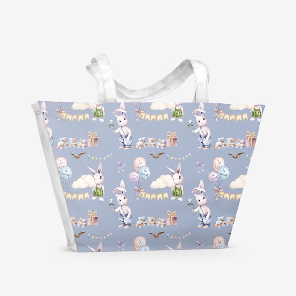 Пляжная сумка «Заяц с паровозиком и воздушными шарами. Детский принт зайчик»