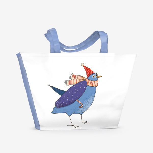 Пляжная сумка «Синяя птичка в красном колпачке»