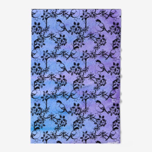 Полотенце «Птицы и цветы на акварельном сине-фиолетовом фоне»