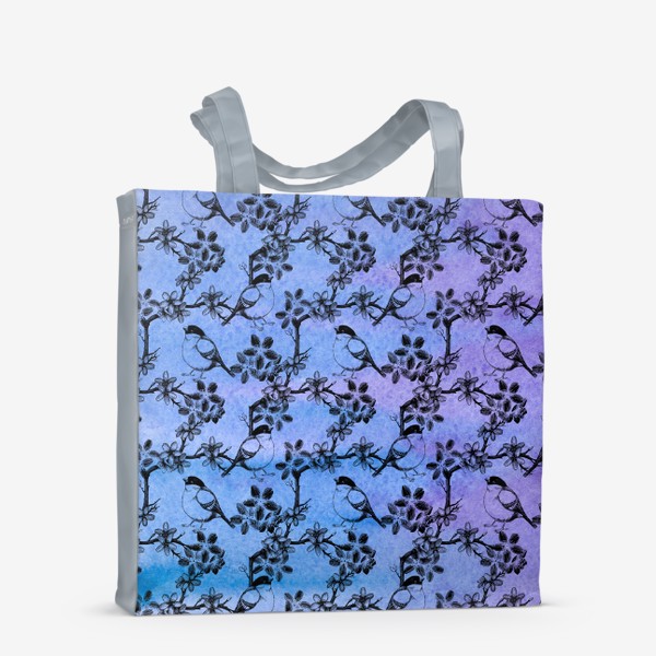 Сумка-шоппер &laquo;Птицы и цветы на акварельном сине-фиолетовом фоне&raquo;