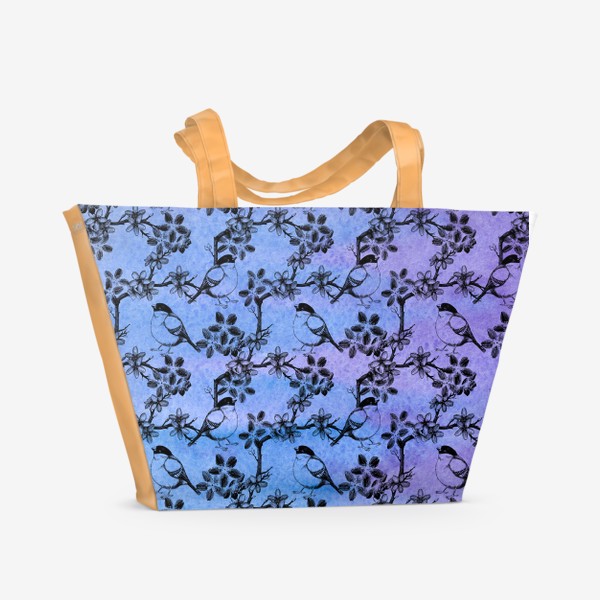 Пляжная сумка «Птицы и цветы на акварельном сине-фиолетовом фоне»