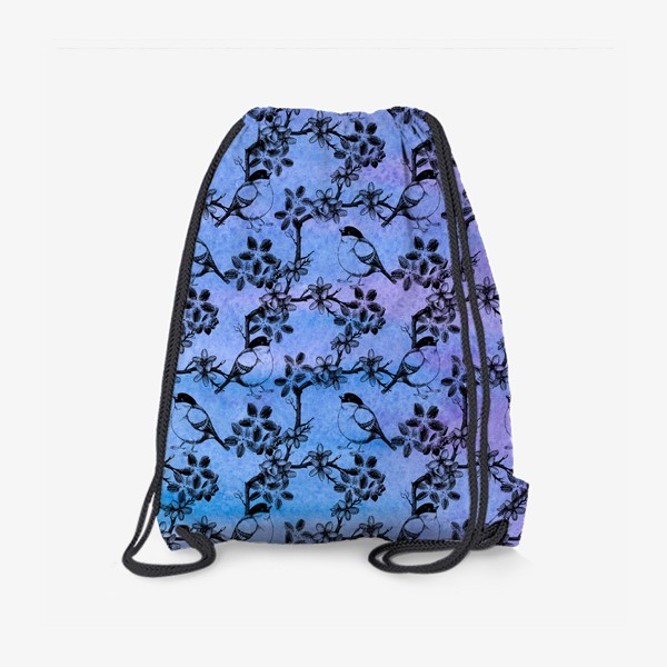 Рюкзак «Птицы и цветы на акварельном сине-фиолетовом фоне»