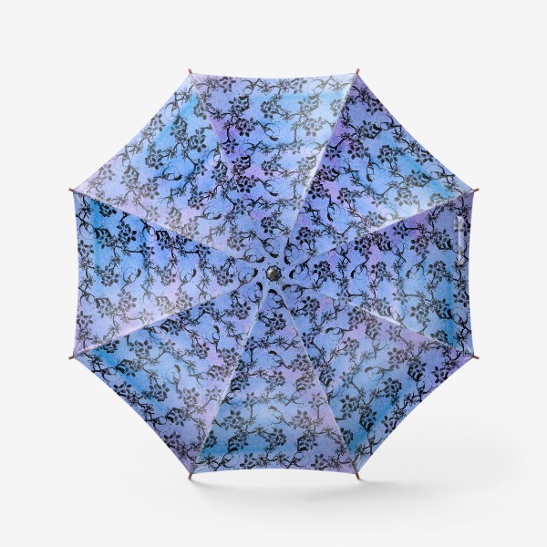 Зонт «Птицы и цветы на акварельном сине-фиолетовом фоне»