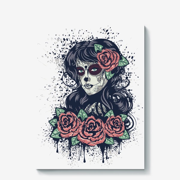 Холст «Винтажный Sugar skull портрет девушки с розами»