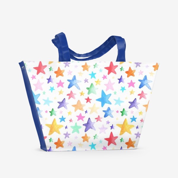 Пляжная сумка «Разноцветные звездочки разного размера на белом фоне.»