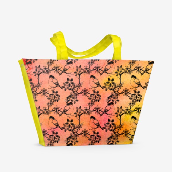 Пляжная сумка «Весенние цветы и птицы на акварельном красно-желтом фоне»