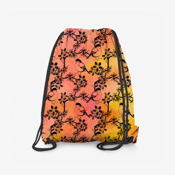 Рюкзак «Весенние цветы и птицы на акварельном красно-желтом фоне»