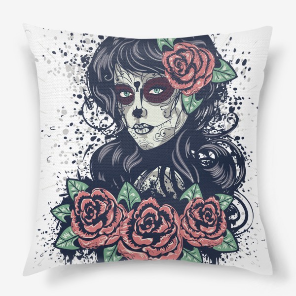 Подушка «Винтажный Sugar skull портрет девушки с розами»