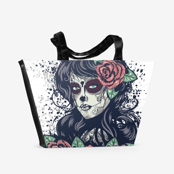 Пляжная сумка &laquo;Винтажный Sugar skull портрет девушки с розами&raquo;