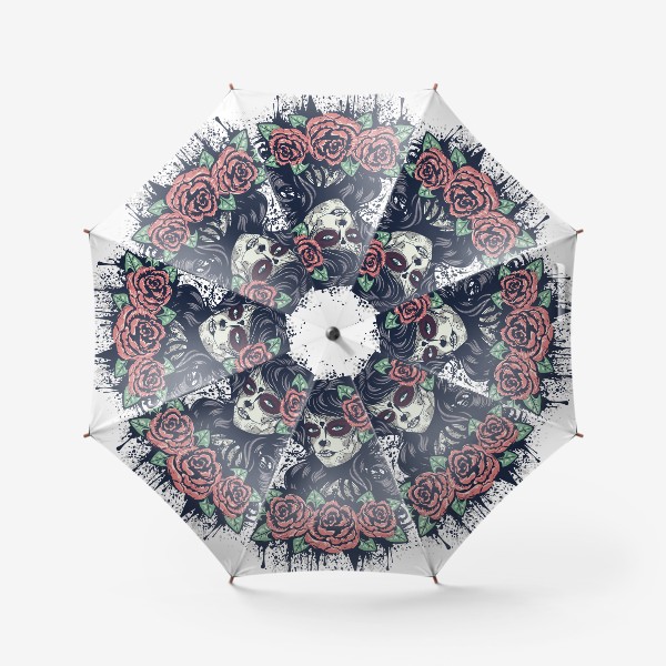 Зонт «Винтажный Sugar skull портрет девушки с розами»