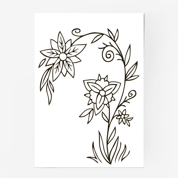 Постер &laquo;рисунок черной линией растение с цветами&raquo;