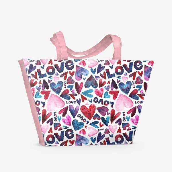 Пляжная сумка «Акварельные сердца и слово любовь.»