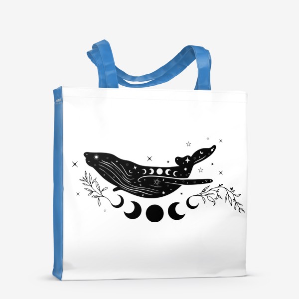 Сумка-шоппер «Черно белый силуэт кита с луной. Морские животные. »
