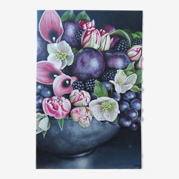 Полотенце «Цветы и фрукты. Натюрморт с виноградом, ежевика, сливы, каллы, тюльпаны, альстромерия»