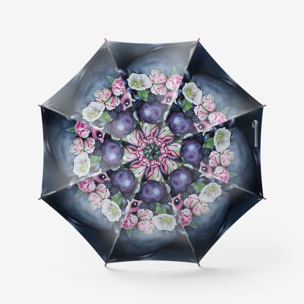 Зонт «Цветы и фрукты. Натюрморт с виноградом, ежевика, сливы, каллы, тюльпаны, альстромерия»