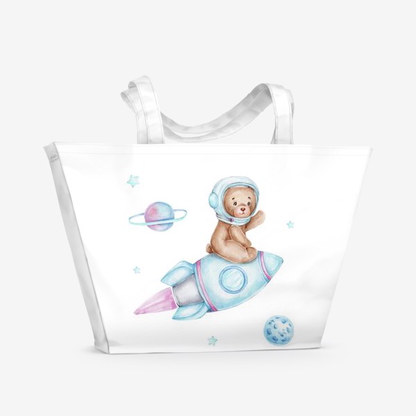 Пляжная сумка «Мишка-астронавт летит на ракете в космос»