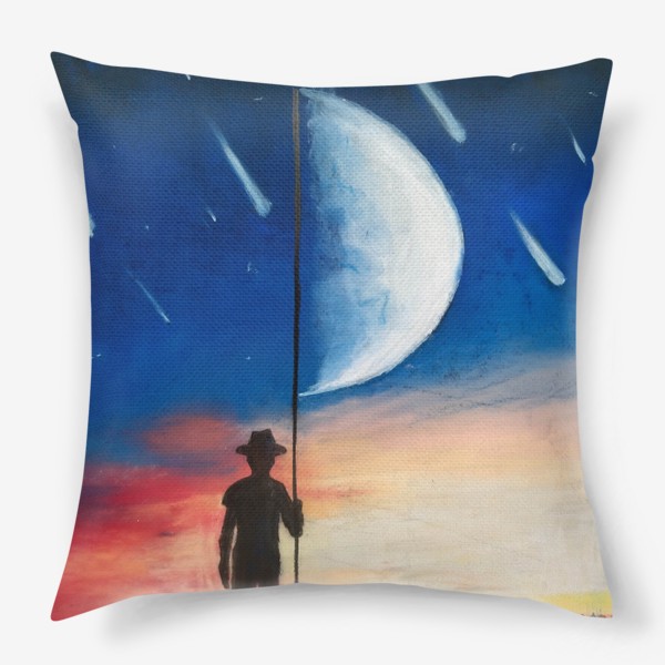 Подушка «Ловец снов. Мужчина в шляпе с сачком-луной. Сон, фантазия»