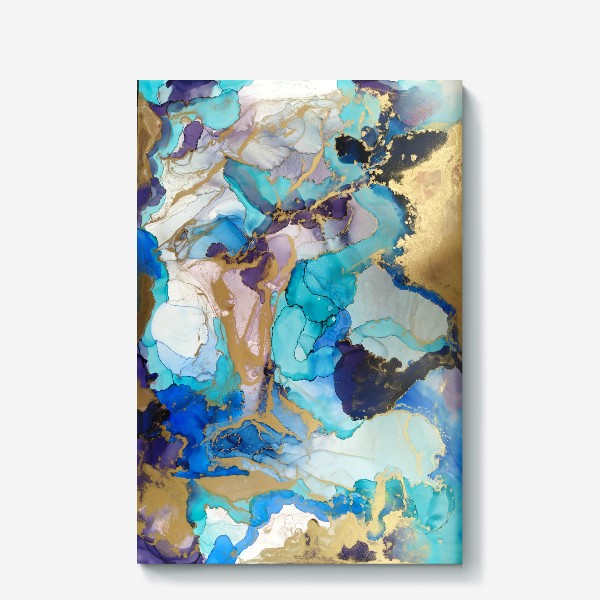 Холст «Реки любви - абстракция спиртовыми чернилами в голубых, синих и бирюзовых тонах с золотом»