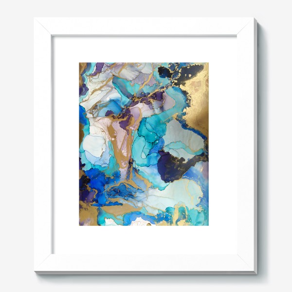 Картина «Реки любви - абстракция спиртовыми чернилами в голубых, синих и бирюзовых тонах с золотом»