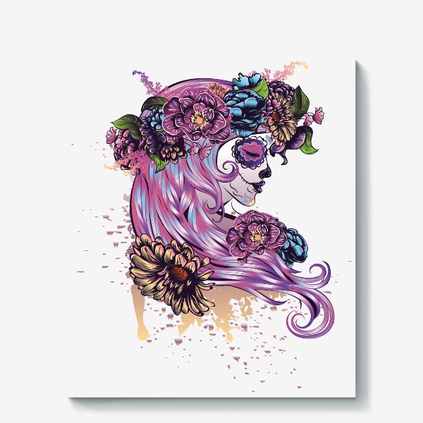 Холст «Sugar Skull девушка с цветочным венком в розовых тонах»