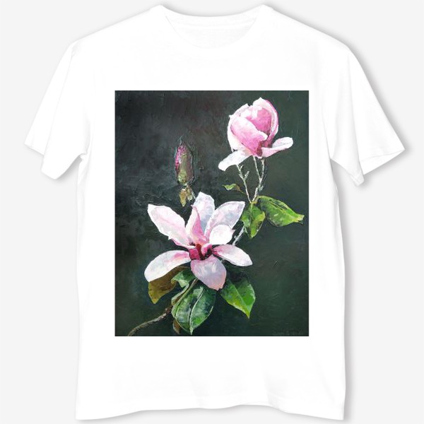 Футболка &laquo;Ветка цветущей розовой Магнолии - цветы маслом и мастихином&raquo;