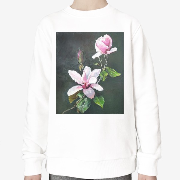 Свитшот «Ветка цветущей розовой Магнолии - цветы маслом и мастихином»