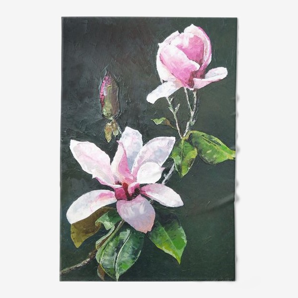 Полотенце &laquo;Ветка цветущей розовой Магнолии - цветы маслом и мастихином&raquo;