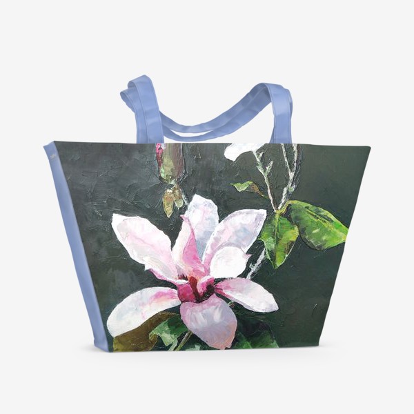Пляжная сумка «Ветка цветущей розовой Магнолии - цветы маслом и мастихином»