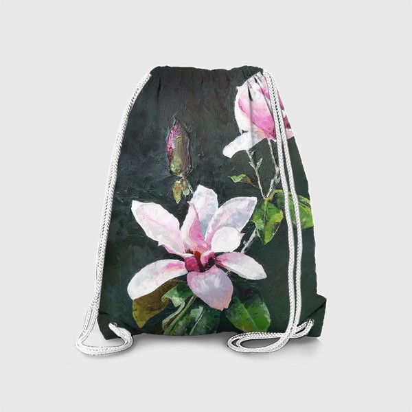 Рюкзак «Ветка цветущей розовой Магнолии - цветы маслом и мастихином»