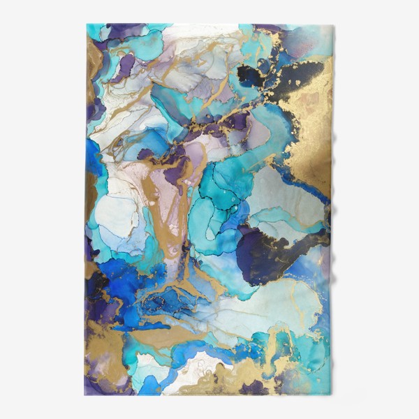 Полотенце «Реки любви - абстракция спиртовыми чернилами в голубых, синих и бирюзовых тонах с золотом»