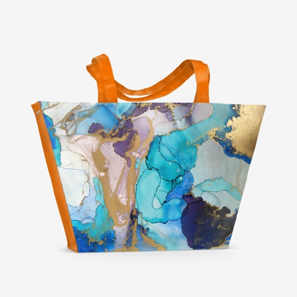 Пляжная сумка &laquo;Реки любви - абстракция спиртовыми чернилами в голубых, синих и бирюзовых тонах с золотом&raquo;