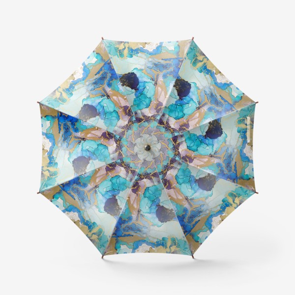 Зонт «Реки любви - абстракция спиртовыми чернилами в голубых, синих и бирюзовых тонах с золотом»