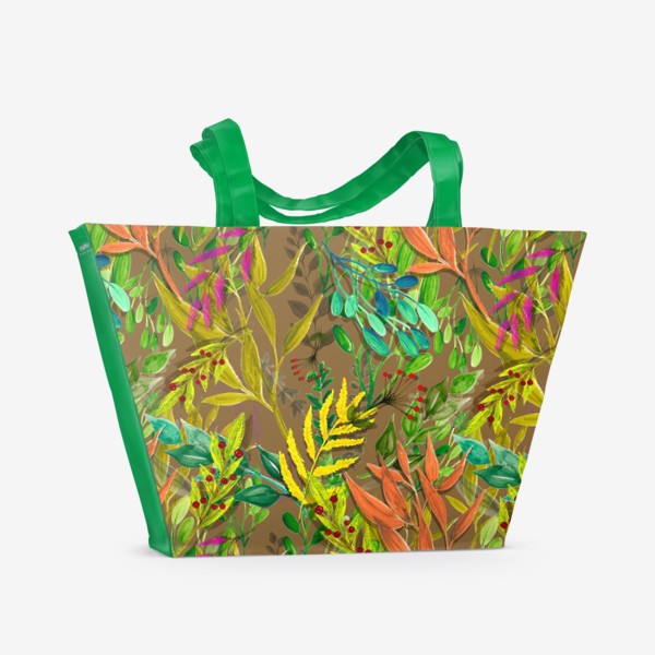 Пляжная сумка «Акварельный паттерн с растениями, ягодами и цветами»