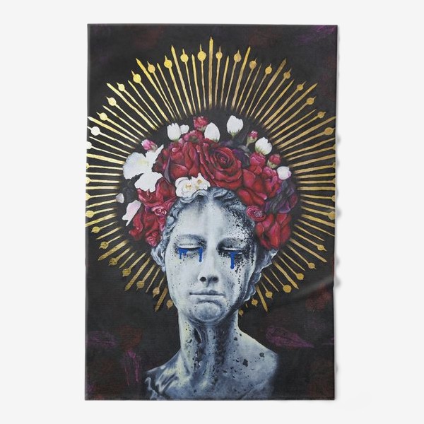 Полотенце «Пангея. портрет женщины-статуи в слезах, в короне и венке из алых роз. черный фон и золото»