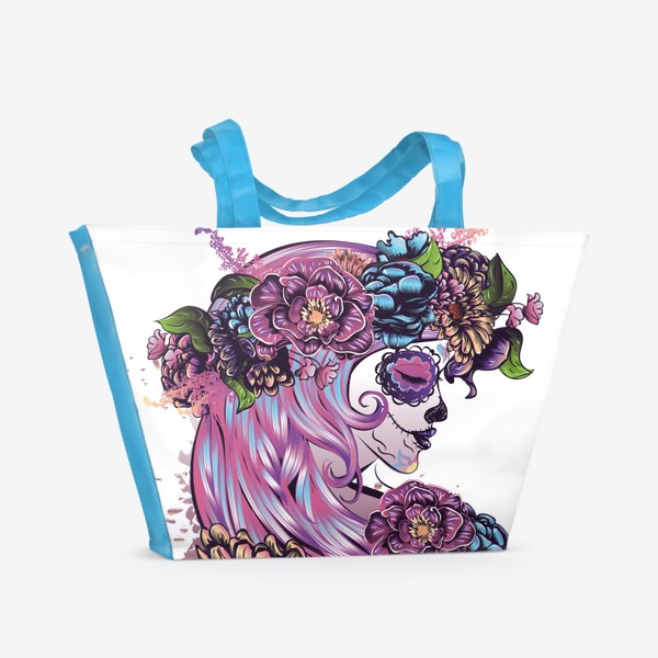 Пляжная сумка «Sugar Skull девушка с цветочным венком в розовых тонах»