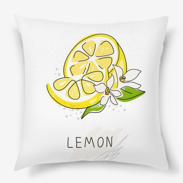 Подушка ««Рисованный лимон на белом фоне. Скетч. Свежие желтые плоды лимона, лайма.»»