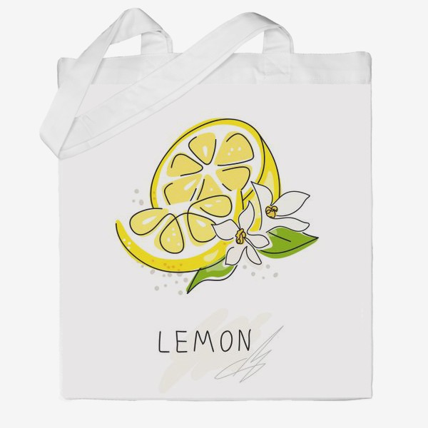 Сумка хб &laquo;«Рисованный лимон на белом фоне. Скетч. Свежие желтые плоды лимона, лайма.»&raquo;