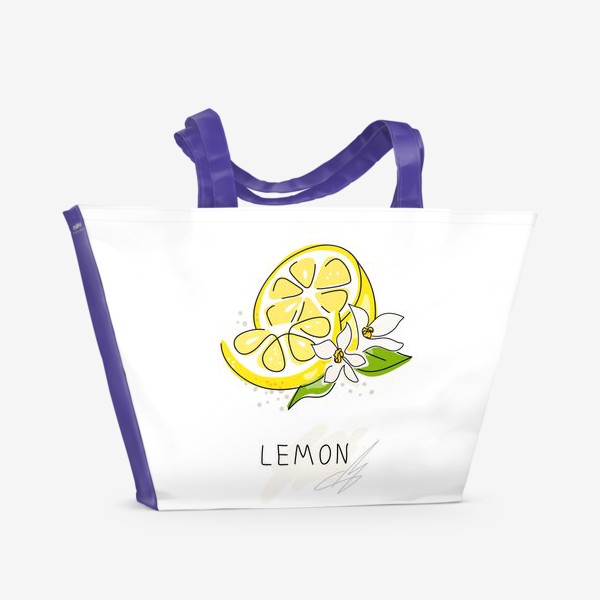 Пляжная сумка &laquo;«Рисованный лимон на белом фоне. Скетч. Свежие желтые плоды лимона, лайма.»&raquo;
