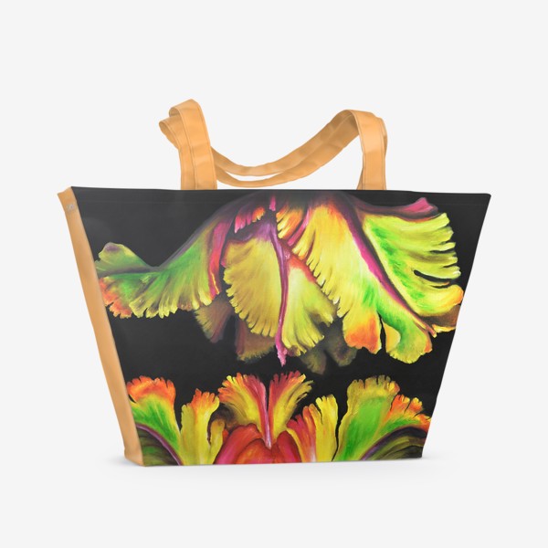 Пляжная сумка «Два радужных тюльпана на черном фоне в зеленых, желтых, оранжевых и розовых тонах.»