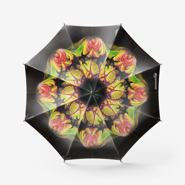 Зонт «Два радужных тюльпана на черном фоне в зеленых, желтых, оранжевых и розовых тонах.»