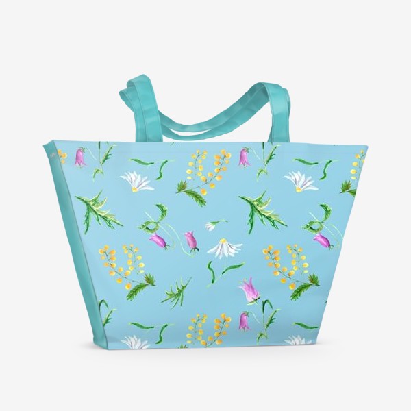 Пляжная сумка «Паттерн с ромашками, колокольчиками и мимозой»