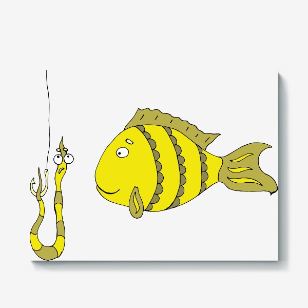 Холст «Желтая рыбка смотрит на червяка. Рыбалка хобби.»