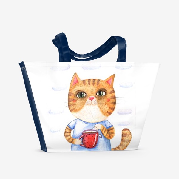 Пляжная сумка «Кот с чашкой чая»