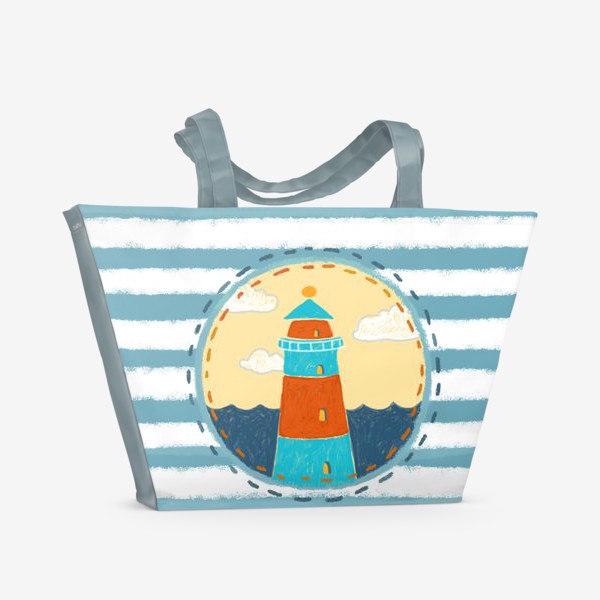Пляжная сумка «Маяк в круге на полосатом фоне.»