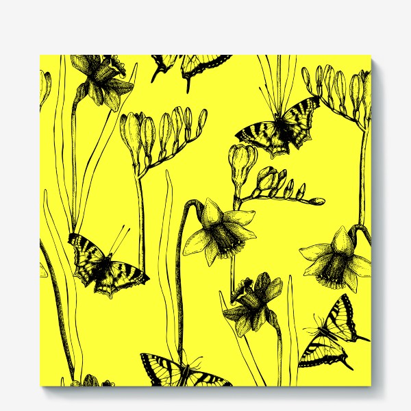 Холст «Паттерн с нарциссами и бабочками на желтом фоне»