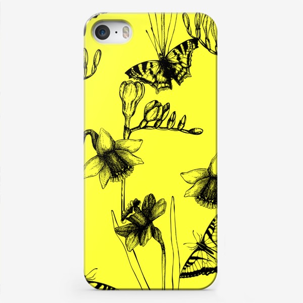 Чехол iPhone «Паттерн с нарциссами и бабочками на желтом фоне»